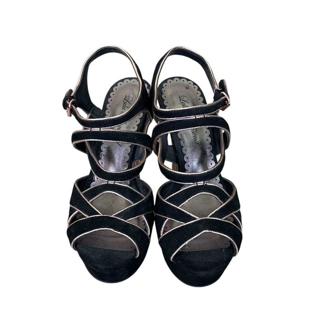 Lulu Townsend High Heeled Faux Suede Strappy Platform Sandals Black Gold 6 M